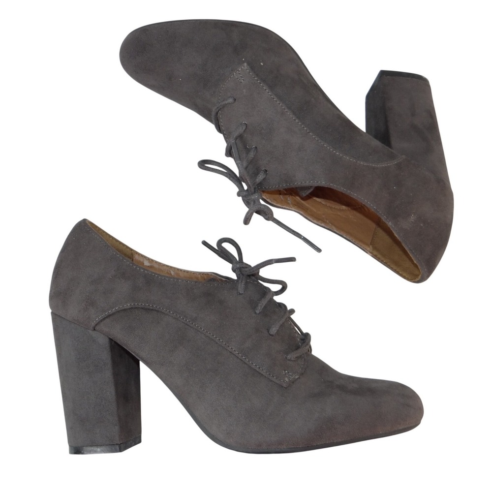 ana A New Approach Grey Faux Suede Lace Up Block Heel Oxford Booties Size 10